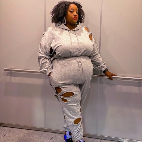PLUS - HEATHER GRAY 2PC JOGGER SET W/ CUTOUTS [BRAND NEW] - Picture 1 of 5